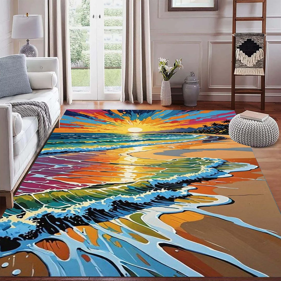 Colorful Sunset Beach Rug, Abstract Ocean Waves Carpet, Vibrant Coastal ...