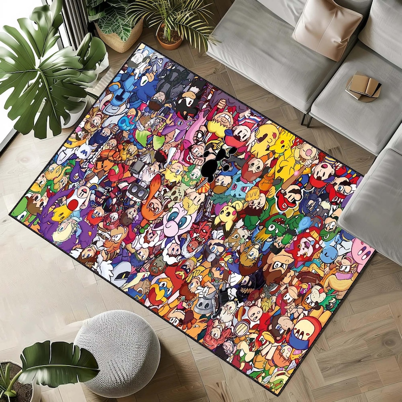 Gaming Character Rug, Colorful Cartoon Collage Area Rug, Pop Culture ...