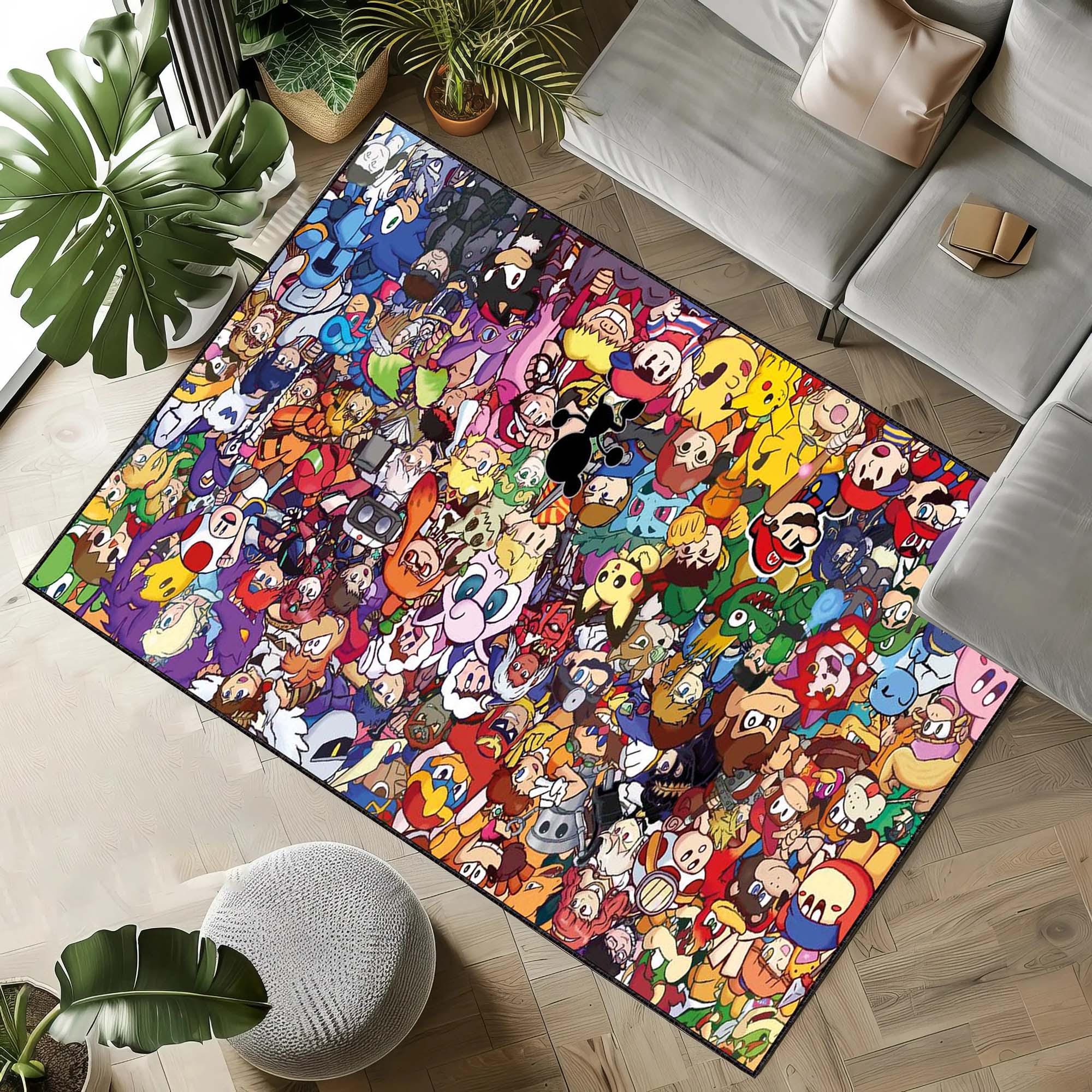Gaming Character Rug, Colorful Cartoon Collage Area Rug, Pop Culture ...
