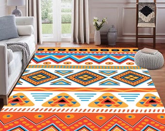 Rug Tribal Pattern, Boho Geometric Rug, Ethnic Colorful Carpet, Orange Blue Yellow Decor,Moroccan-Looking Carpet , Vibrant Bohemian Style
