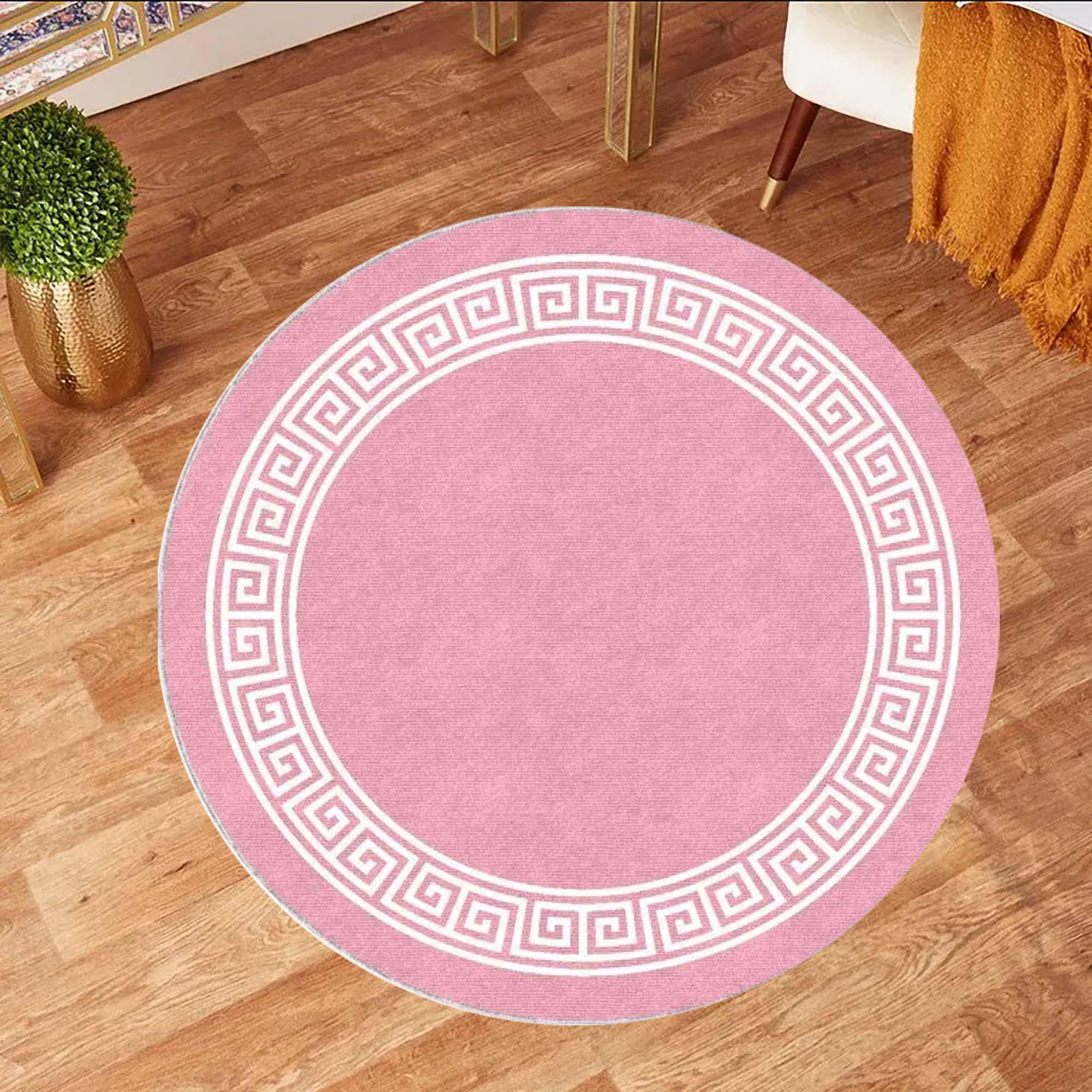 Round Area Rug, Pink Round Rug, Greek Key Rug, Meander Border Rug