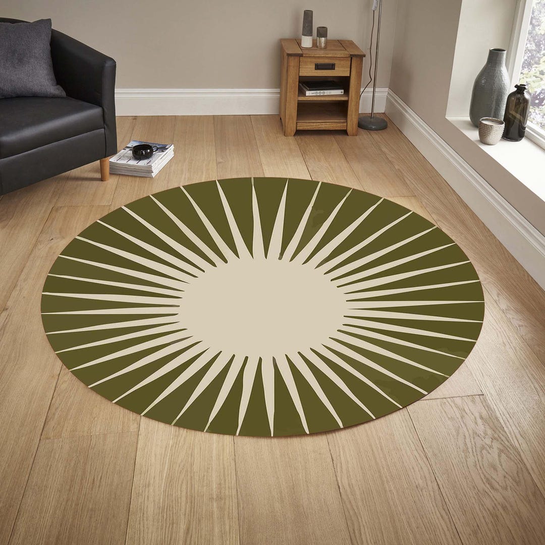 Modern Round Sunburst Rug, Olive Green Minimalist Carpet, Boho Living ...