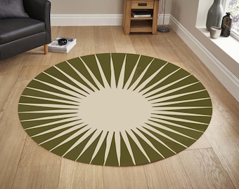 Modern Round Sunburst Rug, Olive Green Minimalist Carpet, Boho Living Room Floor Decor, Contemporary Patterned Area Rug