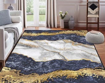 Abstract Marble Area Rug, Modern Gold Accent Carpet, Marble Look Digitally Printed Room Carpet