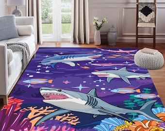 Shark Rug, Colorful Coral Reef, Marine Life Kids Room Carpet, Unique Ocean Decor, Aquarium Style Rug, Underwater Sea Rug