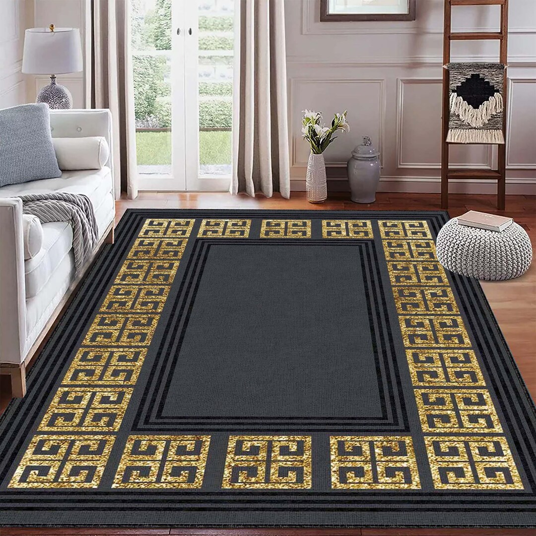 Greek Key Gold Rug Greek Key Gold Rug, Modern Black and Gold Glam Carpet, Pattern Glam Rug ...
