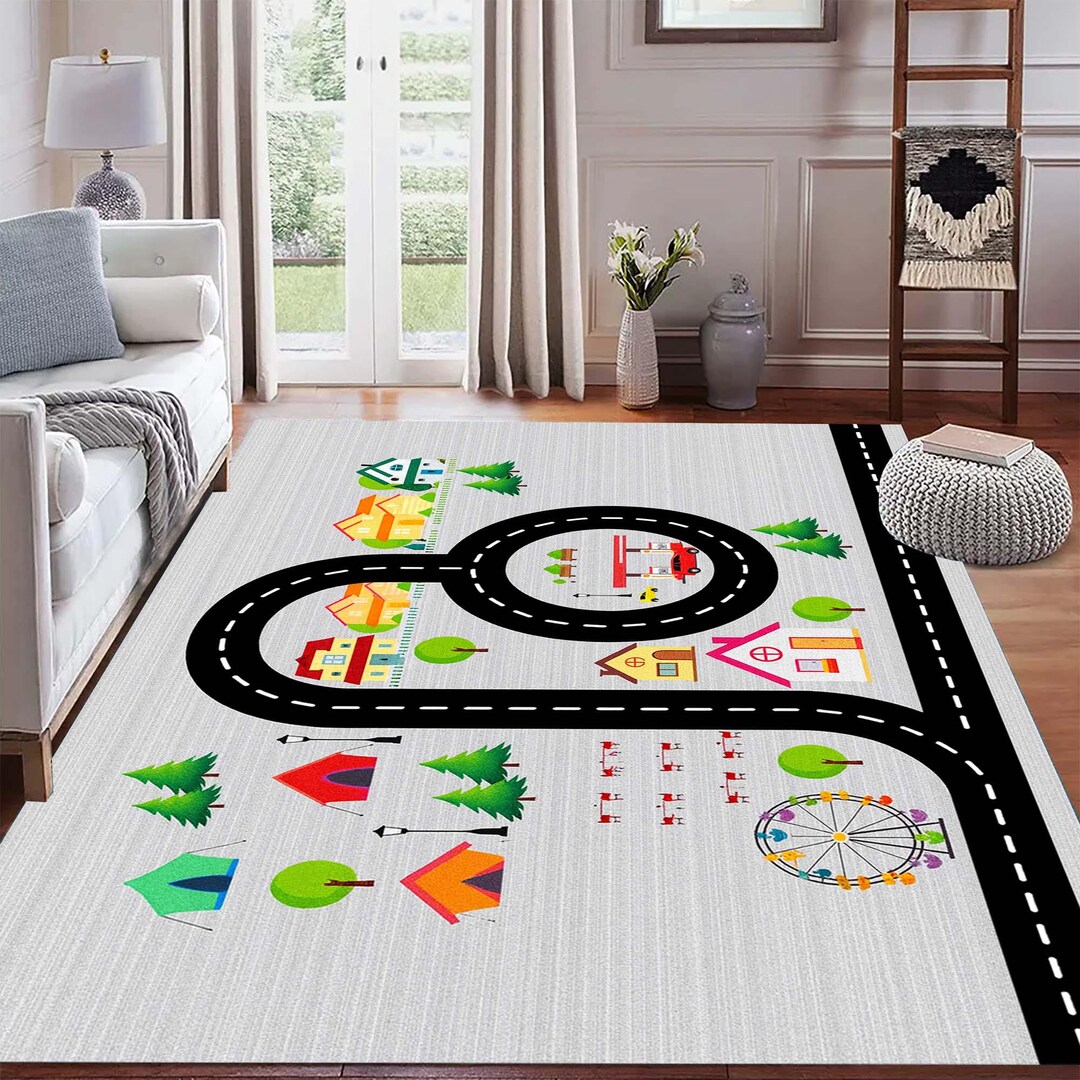 Road Map Play Mat Rug for Kids, Town Streets Design With Houses, Cars ...