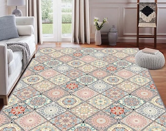 Boho mosaik mandala mönster matta, geometrisk kakeldesign matta, orientalisk stil golvmatta, boho vintage hemmatta, marockansk inspirerad matta