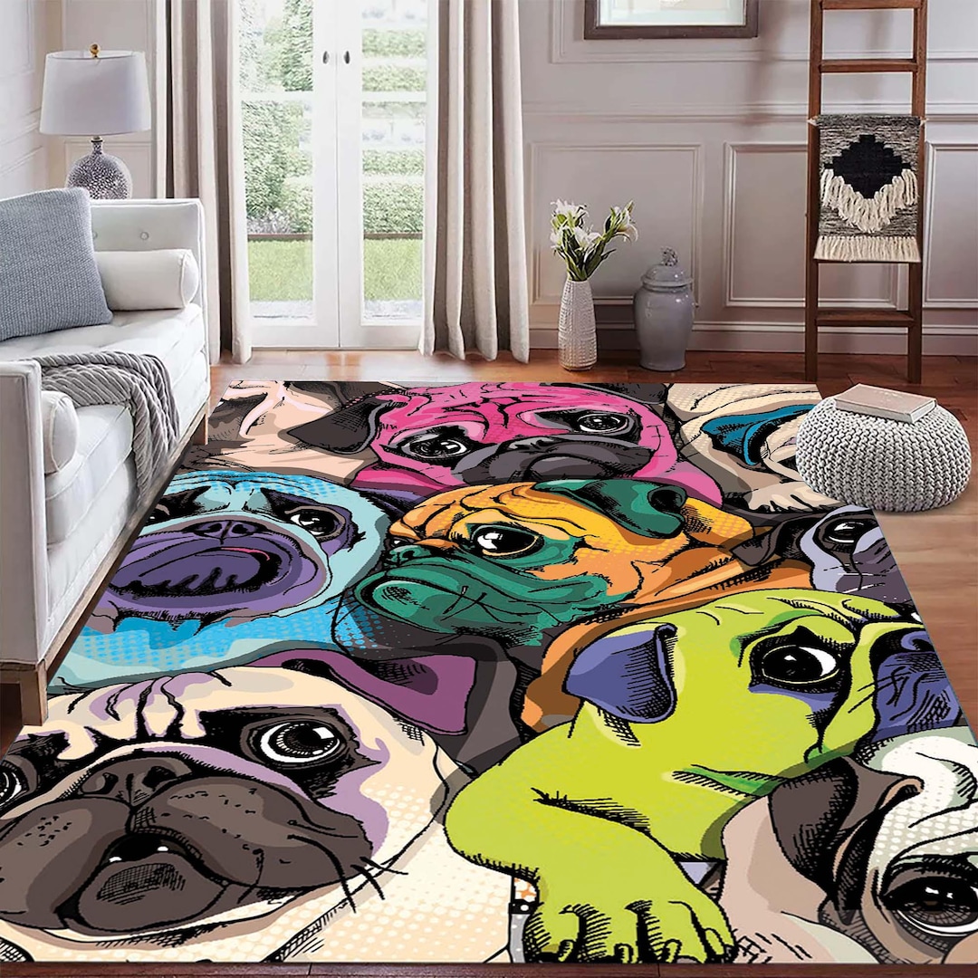Pop Art Pug Dog Rug, Colorful Cartoon Dogs Pattern, Modern Pet Lover ...