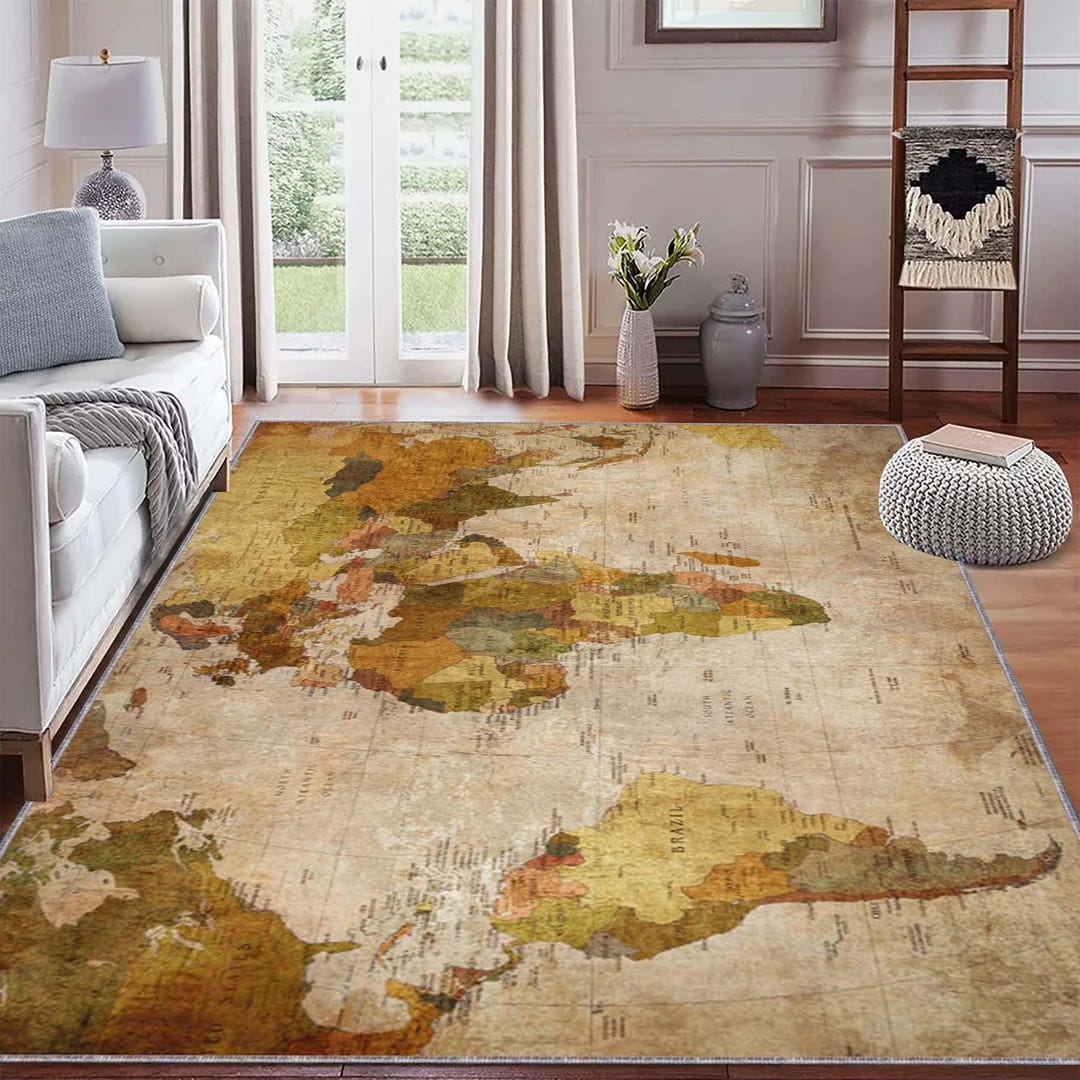 Antique Style Travel Themed Rug, Distressed Beige-brown Satin Patterned ...