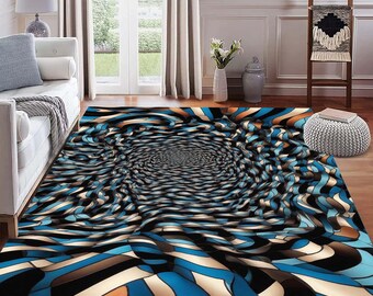 Abstract Patterned Rug, Blue and Beige Swirl Carpet, Modern Optical Illusion Design Rug, Contemporary Digital Print Carpet with 3D Effect,