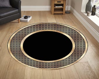 Round Area Rug, Modern Luxury Decorative Rug with Black and Gold Geometric Pattern, Suitable for Living Room, Bedroom, Home Decor, Gift Rug