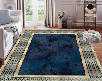 Luxury Navy Gold Rug, Modern Geometric Carpet, Blue And Gold Area Rug, Abstract Elegant Floor Mat, Contemporary Living Room Rug