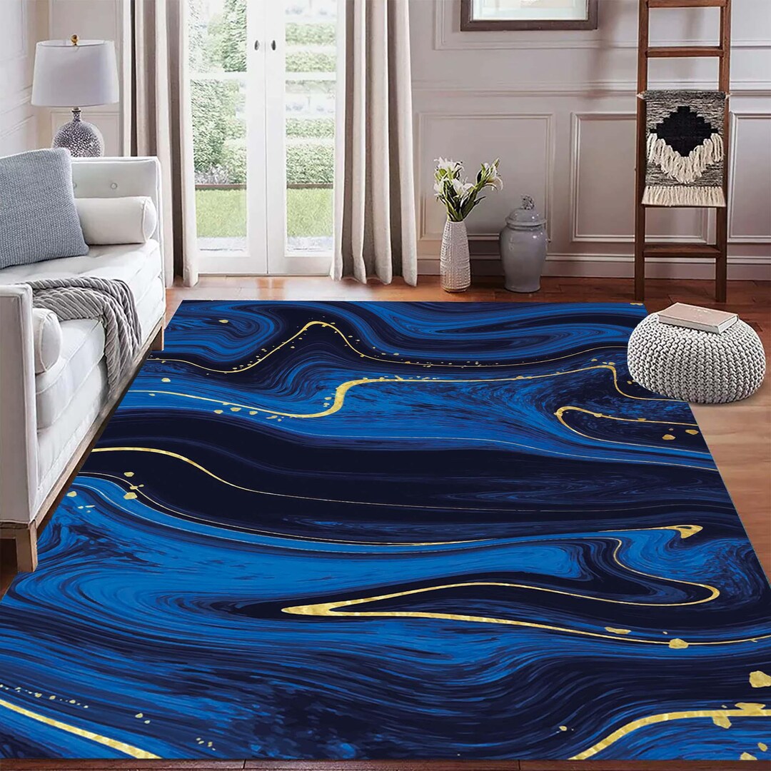 Abstract Blue and Gold Swirl Rug, Modern Art Floor Decor, Artistic ...