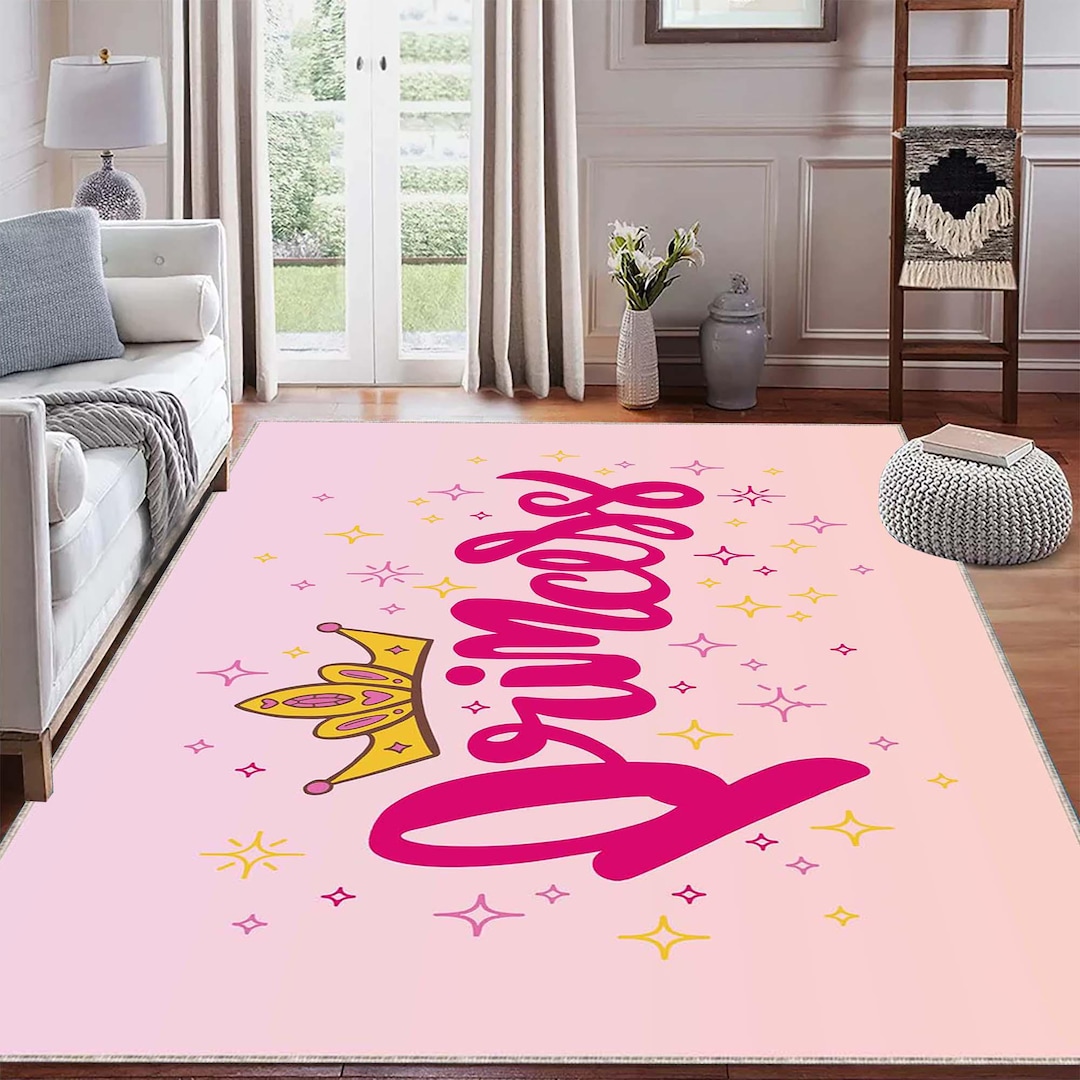 Rug - Pink Princess Crown Design, Sparkle Kids Room Decor, Cute Fairy ...