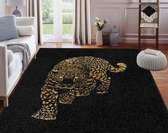 Luxury Black Rug With Gold Leopard Design, Modern Animal Print Decorative Carpet, Bold Glam Style Wild Cat Floor Rug, Minimalist Rug