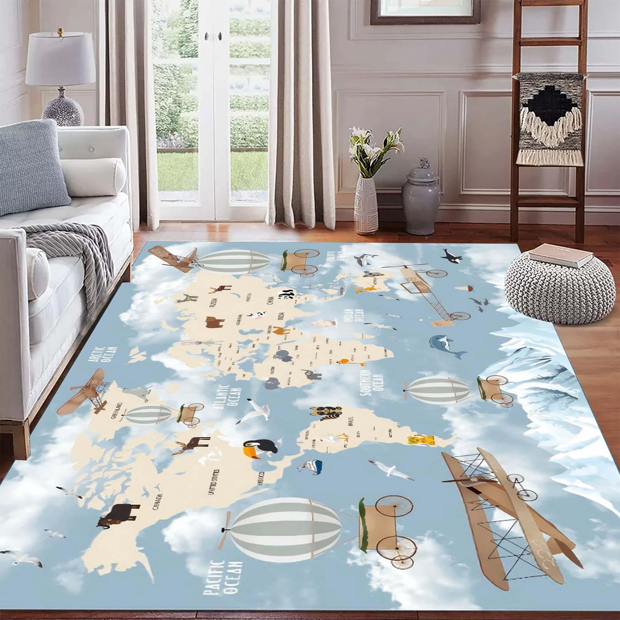 Discover Kids World Map Rug, Educational Animal Map Area Rug, Soft Printed Carpet For Playroom Nursery And Kids Room, Gift Rug