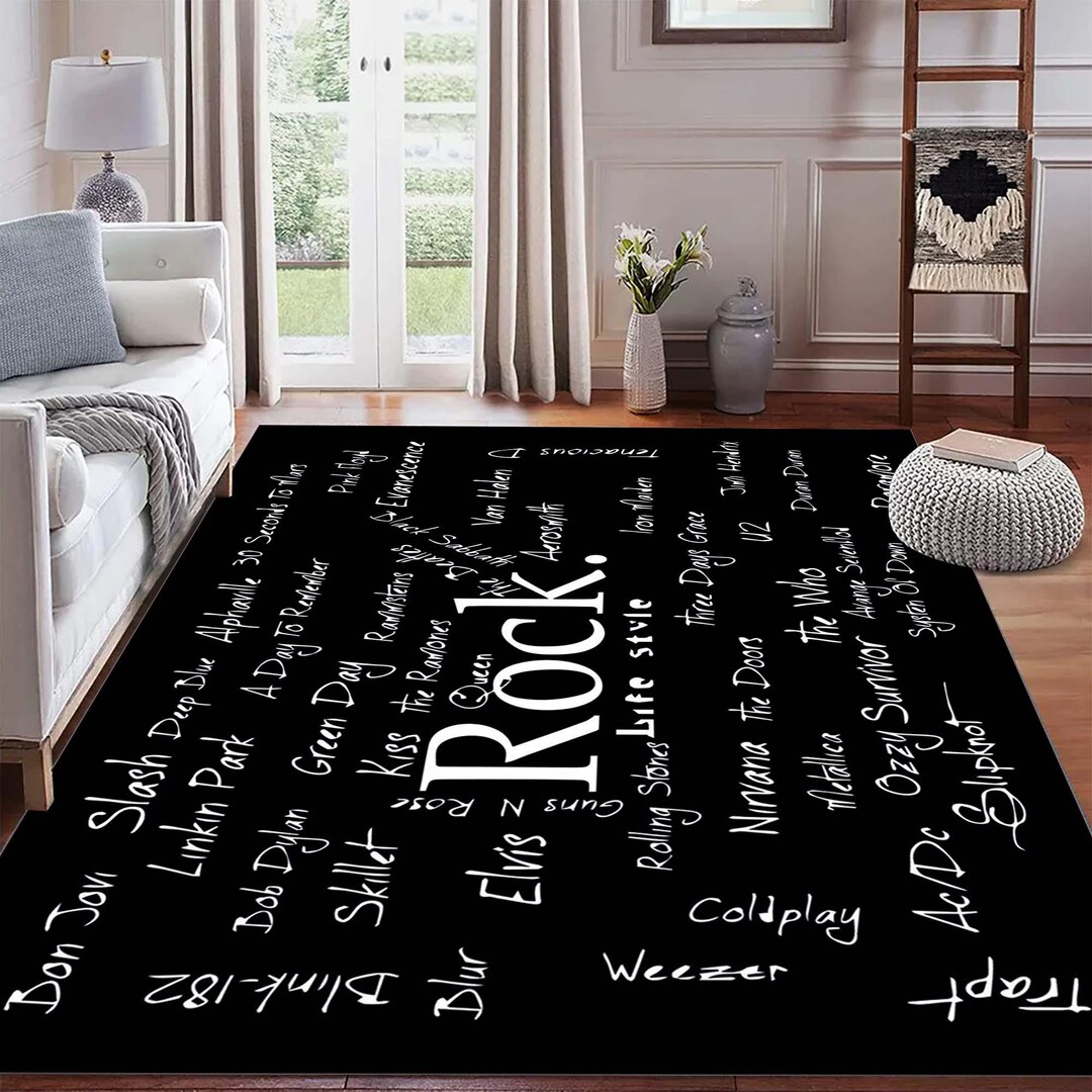 Rock Band Themed Typography Rug, Black Music Themed Area Rug, Modern ...
