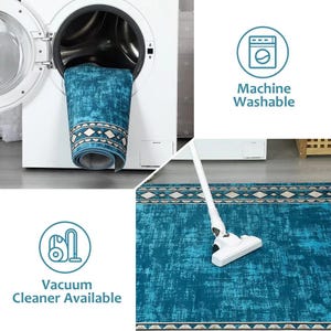 May include: A rolled-up teal rug with a geometric border is partially inside a washing machine. The rug is being vacuumed with a white vacuum cleaner. Text on the image says "Machine Washable" and "Vacuum Cleaner Available".