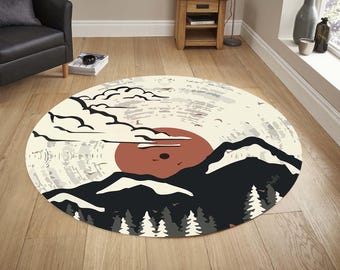 Mountain Sunset Rug, Minimal Nature Carpet,   Modern Boho Landscape Area Rug,   Rustic Scenic Floor Decor