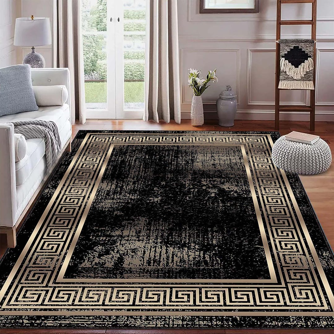Fancy Gold Rug Luxury Black Gold Geometric Rug, Modern Greek Key Pattern Carpet ...