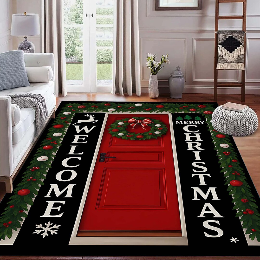 Christmas Welcome Door Rug, With Red Door Wreath and Garland, Festive ...