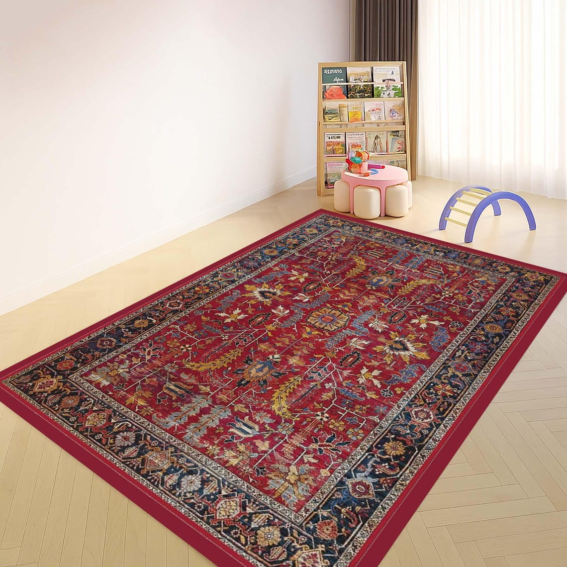 Oriental Red Floral Rug, Vintage Style Rug, Bohemian Area Rug ...