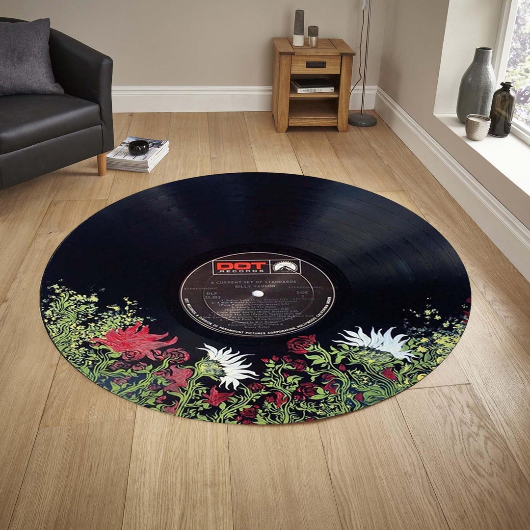 Round Rug With Floral Art Vinyl Record Style Design, Retro Artistic ...