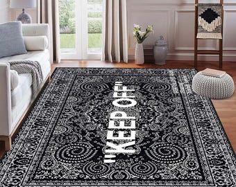 Paisley Bandana Rug, Keep Off Carpet, Streetwear Home Decor, Urban Modern Area Rug, Bold Typography Mat, Black White Statement