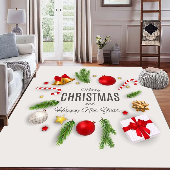 Weihnachtsteppich Frohe Weihnachten und glückliches neues Jahr Urlaub Dekor Teppich, Rot Grün Gold Festliches Design, Wohnzimmer Bodenmatte, Moderne Weihnachtsgeschenk Teppich