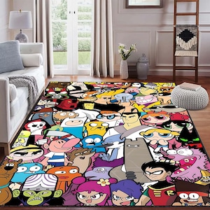 Bunter Teppich für Kinderzimmer mit Cartoon Charakter Collage Design, Weicher Bodenteppich, Pop Art Stil Dekorativer Teppich im Poster-Look, Waschbar
