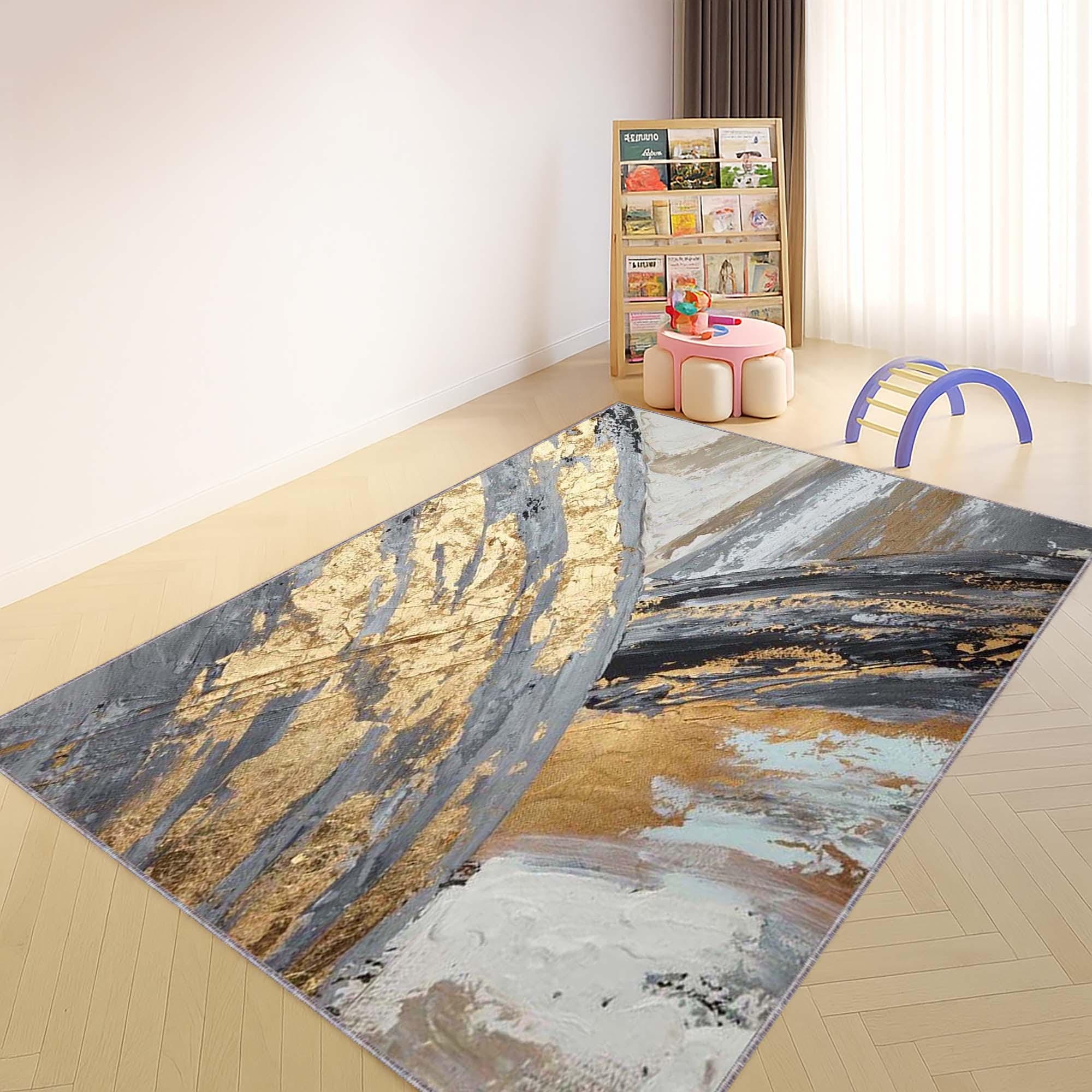 Shiny Gold Rug Modern Abstract Gold and Gray Area Rug, Luxury Metallic Art Design ...