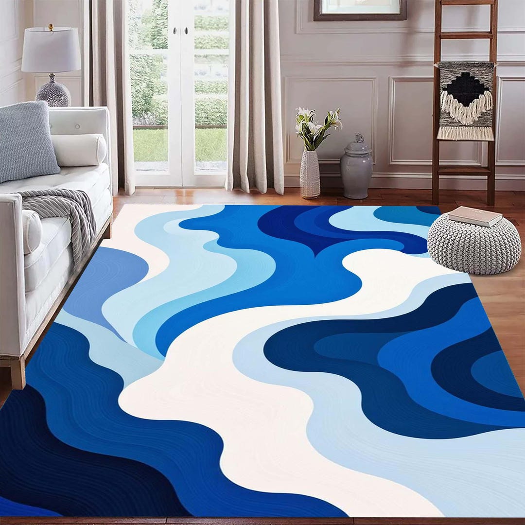 Modern Blue Abstract Rug, Ocean Wave Pattern Carpet, Contemporary Art ...