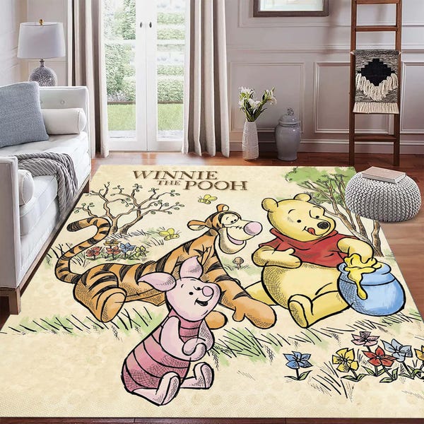Winnie the Pooh Friends Patterned Rug, Cute Cartoon Bear Themed Rug, Soft, Washable Children's Room Decorative Rug, Gift Rug for Your Child
