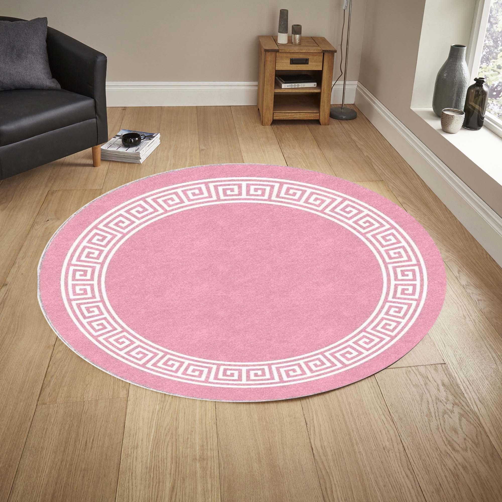 Round Area Rug, Pink Round Rug, Greek Key Rug, Meander Border Rug