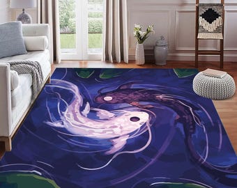 Rug - Yin Yang Koi Fish Design, Blue Water Art Carpet, Zen Japanese Style Decor, Meditation Living Room Floor Mat