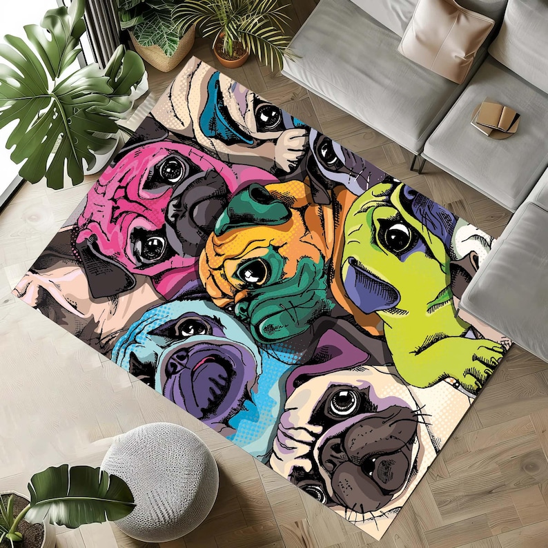 Pop Art Pug Dog Rug, Colorful Cartoon Dogs Pattern, Modern Pet Lover ...