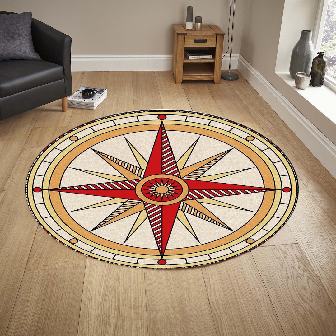Compass Rose Round Rug, Vintage Nautical Windrose Carpet, Boho Beige ...