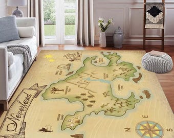 Karta över Neverland-mattan, Fantasy Island-mattan, Peter Pan-rumsinredning, Nyckfull barnmatta, Karta i sagoboksstil, Vintage skattkarta