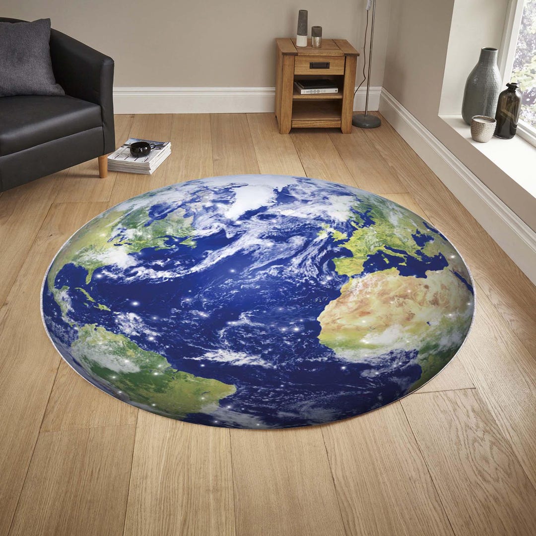 Rug With Earth Globe Design, Blue World Map Carpet, Planet Pattern Area ...