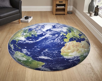 Matta med jordglobdesign, blå världskarta, planetmönstermatta för heminredning, modern rund konstgolvmatta
