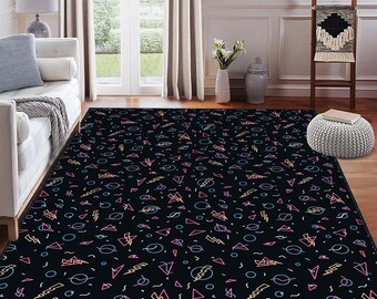 Rug Modern Retro 80s Neon Pattern Black Background Lightning Circles Triangles Colorful Geometric Print Stylish Decorative Carpet