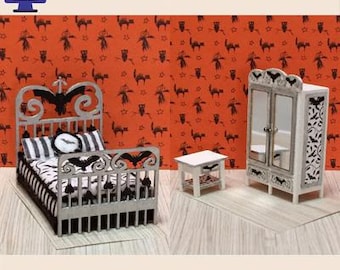 1:48 Scale (1/4" Scale) Miniature Halloween Bedroom Set, Laser Cut Files (Digital Download)