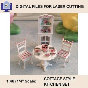 May include: A miniature cottage-style kitchen set, including a table, two chairs, and a cabinet. The furniture is white with pink floral accents. The set is 1:48 scale, approximately 0.64 cm.