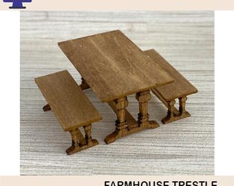 1:48 Scale (1/4" Scale) Farmhouse Table with Benches, Laser Cut Files (Digital Download)