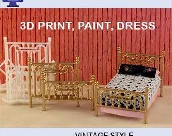 3D Print File for 1:48 Scale (1/4" Scale) Vintage Style Brass Bed; STL format Only