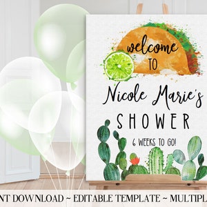 Welcome Fiesta Taco Shower, Custom, Cactus and Tacos, Shower Sign, Bridal / Baby Shower Welcome, Editable Template TF117 / TB121 image 1