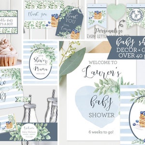 Bundle Baby Boy Shower Decor Shower Games, Printable Blue Greenery Pancakes Baby Brunch, Editable Watercolor, Instant Download DB19 image 1