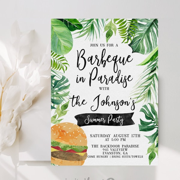 BBQ Invitations, Burgers in Paradise, Barbeque Birthday, BBQ Pool Party Invitation, Backyard Barbecue Party Invitation INSTANT, Housewarming