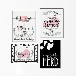 Editable Holy Cow I'm one Girls Birthday Signs Bundle, pink gingham Farm Birthday, Any Age + First Birthday, Printable, Cow Birthday Decor